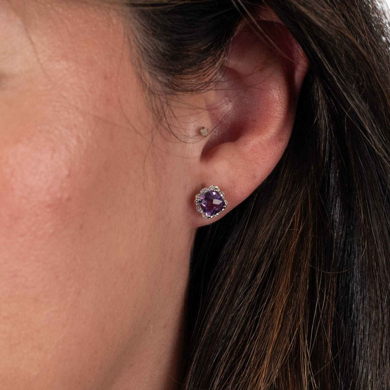 Faceted Amethyst and Diamond Earrings, 14K White Gold