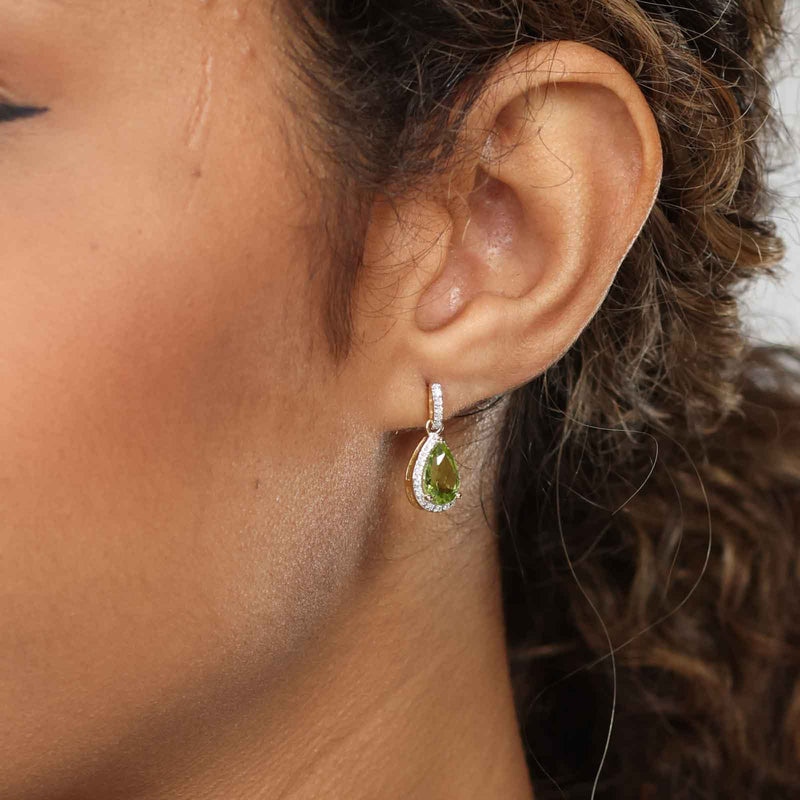 Pear Shape Peridot and Diamond Drop Earrings, 14K Yellow Gold
