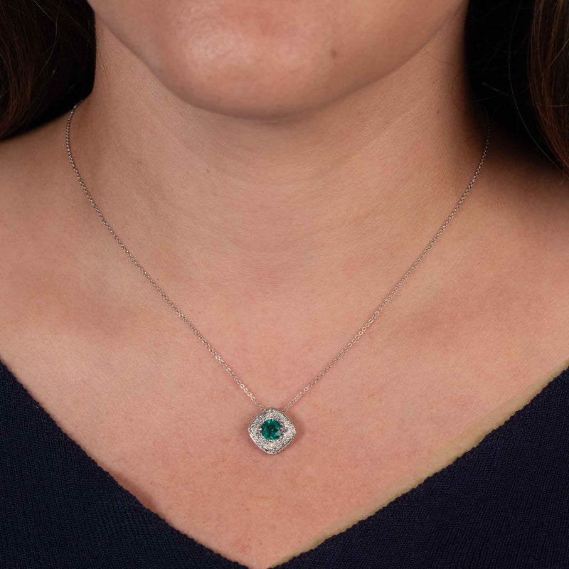 Fine Emerald and Diamond Halo Pendant, 18K White Gold