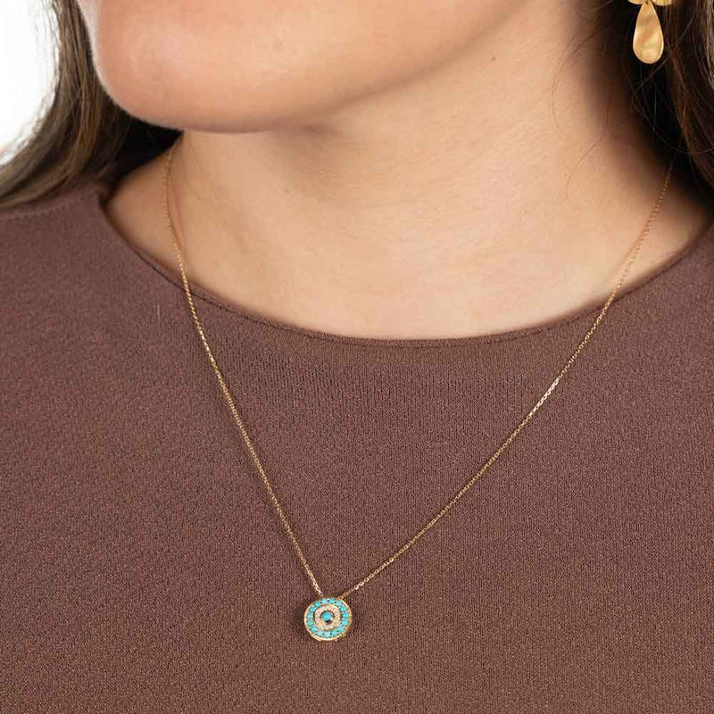 Turquoise and Diamond Disc Pendant, 14K Yellow Gold