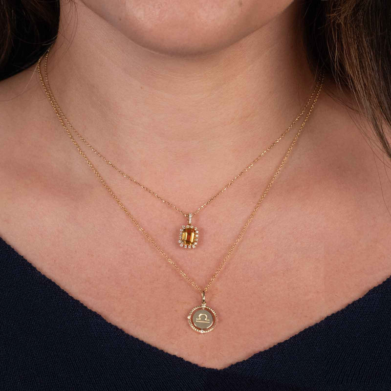 Citrine and Diamond Halo Pendant, 14K Yellow Gold