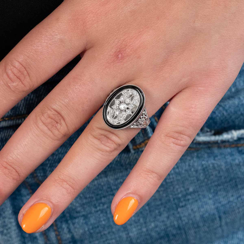 Black Onyx and Diamond Ring Locket, Sterling Silver