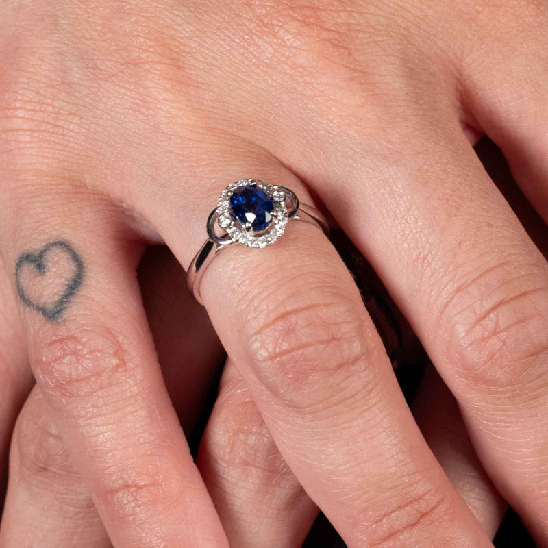 Oval Blue Sapphire and Diamond Halo Ring, 14K White Gold