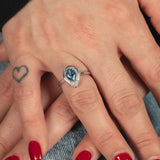Pear Shape Blue Topaz and Diamond Ring, 18K White Gold, Satin Finish