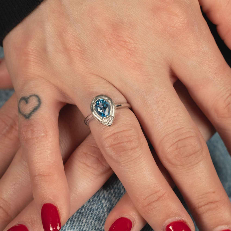 Pear Shape Blue Topaz and Diamond Ring, 18K White Gold, Satin Finish