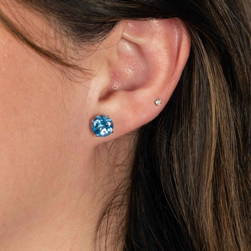 Round Blue Topaz 8MM Stud Earrings, 14K White Gold