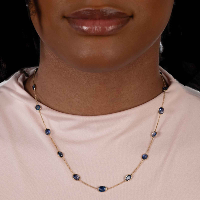 Sapphire Oval Station Necklace, 18 Inches, 18K Yellow Gold