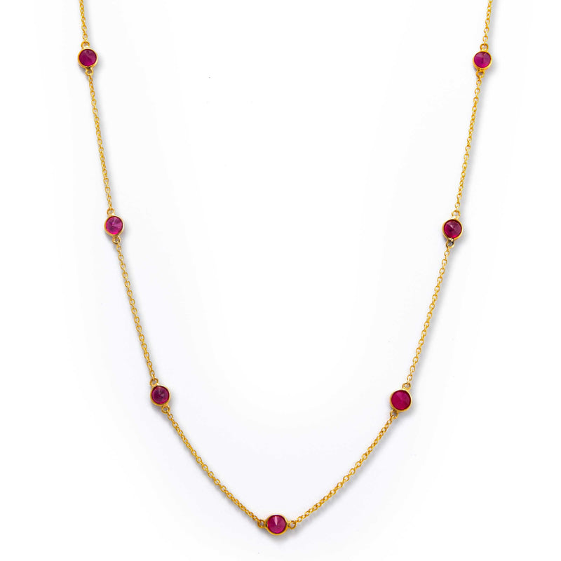 Ruby Round Station Necklace, 18 Inches, 18K Yellow Gold