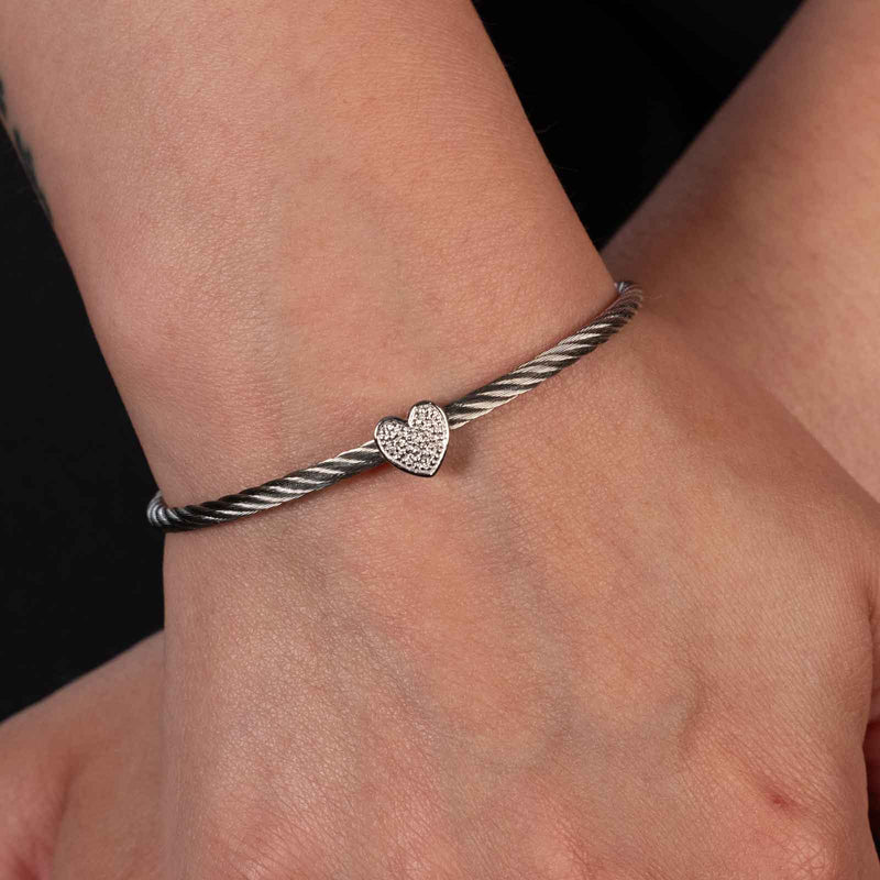 Diamond Heart Bracelet, Sterling and Stainless Steel, Adult Size