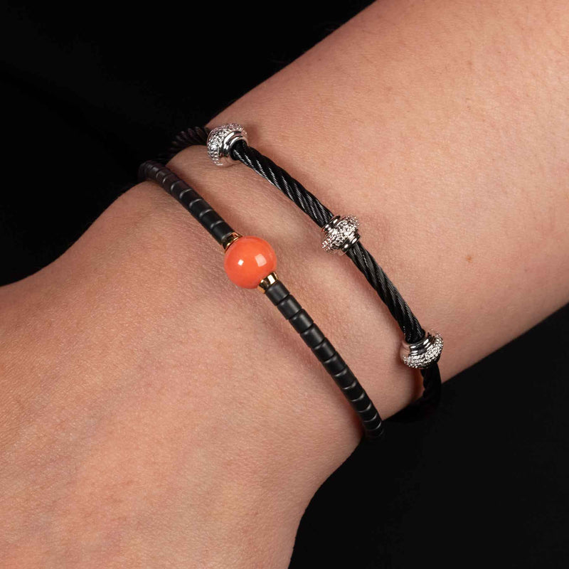 Diamond Cable Bracelet, Blackened Steel, Sterling Silver Stations