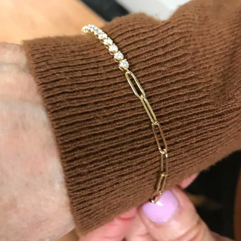 Diamond Bracelet with Paperclip Chain 14K Yellow Gold - Sylvie