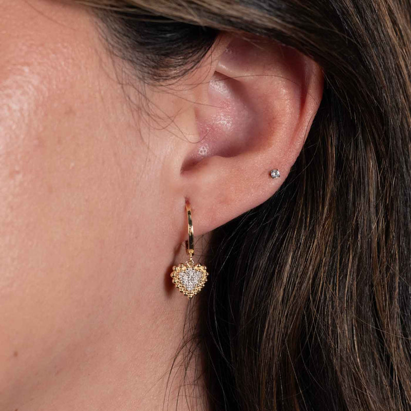 Pavé Diamond Heart Dangle Hoops, 14K Yellow Gold
