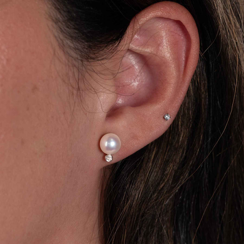 Akoya Cultured Pearl and Bezel Set Diamond Earrings, 14K White Gold