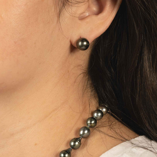 Grey Tahitian Pearl Stud Earrings (9–10 mm) in 14K White Gold