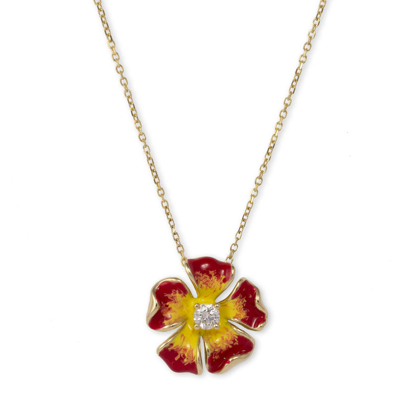 Magnolia Raspberry Pink Diamond Flower Pendant, 14K Yellow Gold