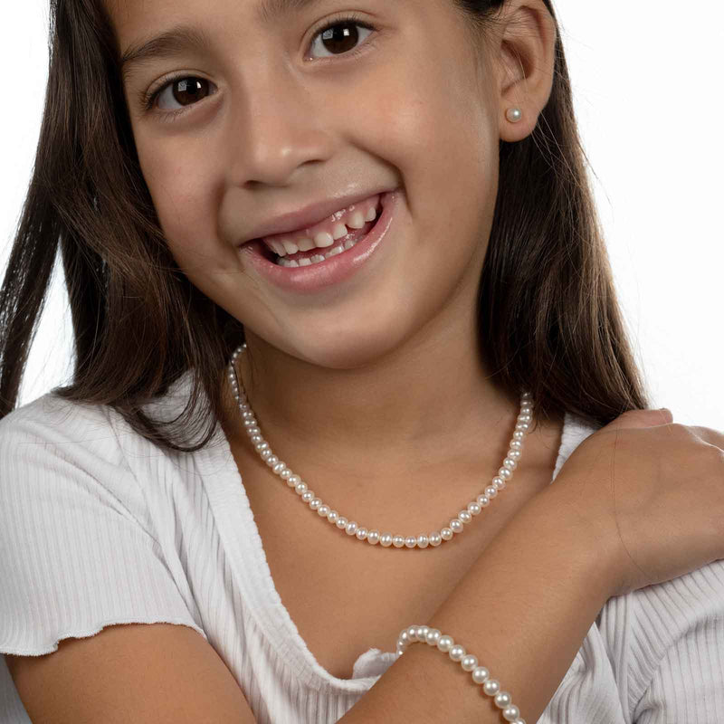 Child's Pearl 6-Inch Bracelet and Earrings, Set, Sterling Silver