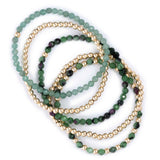 Green Tone, Gold Filled Beads, 5 Stretchy Bracelets Set