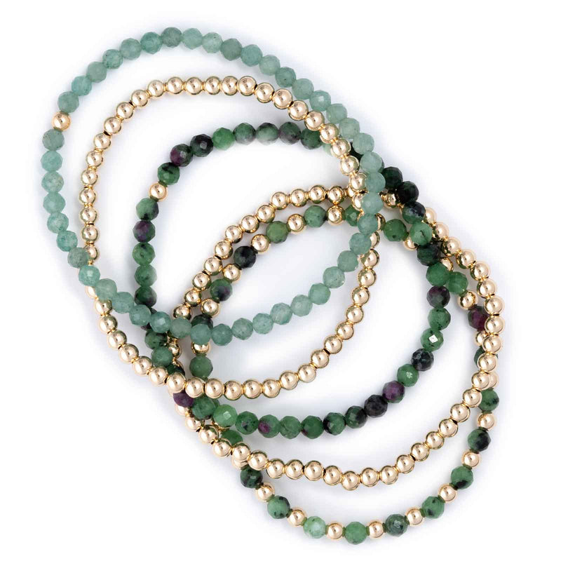 Green Tone, Gold Filled Beads, 5 Stretchy Bracelets Set
