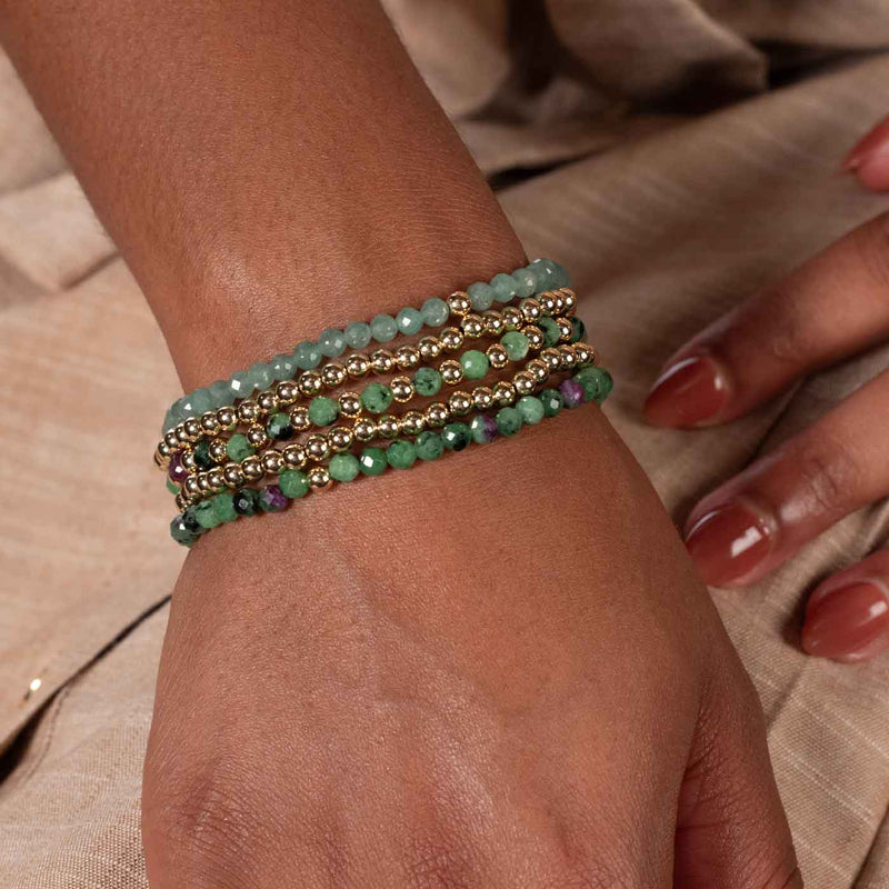 Green Tone, Gold Filled Beads, 5 Stretchy Bracelets Set