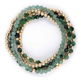 Green Tone, Gold Filled Beads, 5 Stretchy Bracelets Set