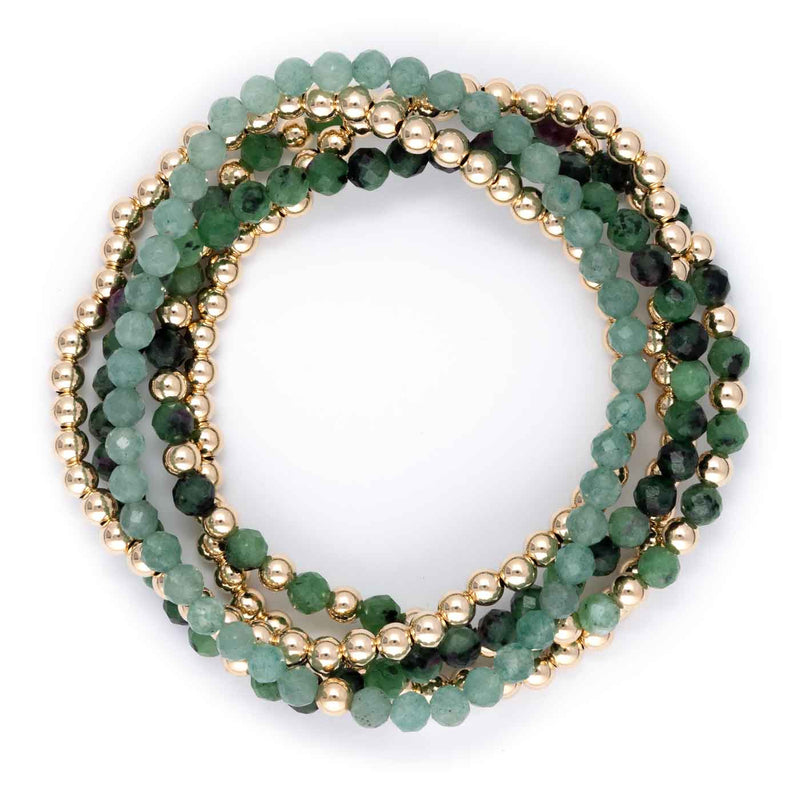 Green Tone, Gold Filled Beads, 5 Stretchy Bracelets Set