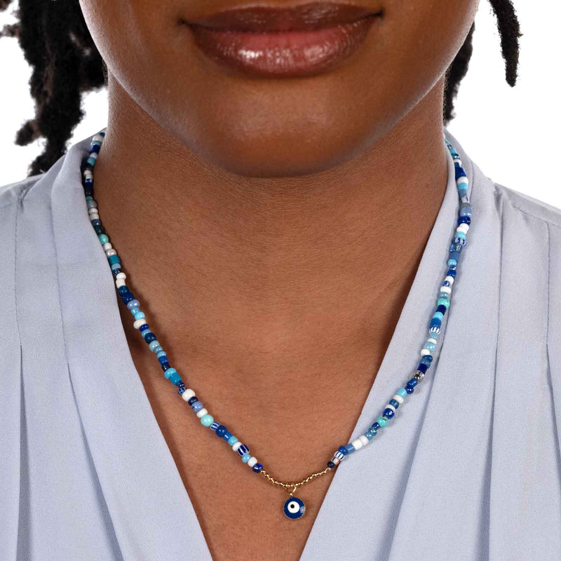 Blue Beads Evil Eye Necklace, 16 Inches