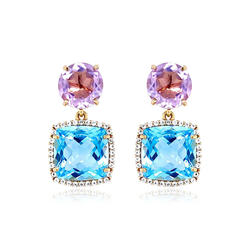 Blue Topaz and Rose de France Amethyst Drop Earrings, Vermeil