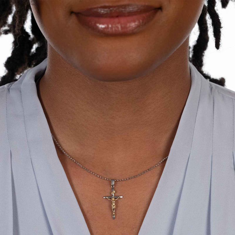 Crucifix, Sterling Silver and 14K Yellow Gold, 18 Inches