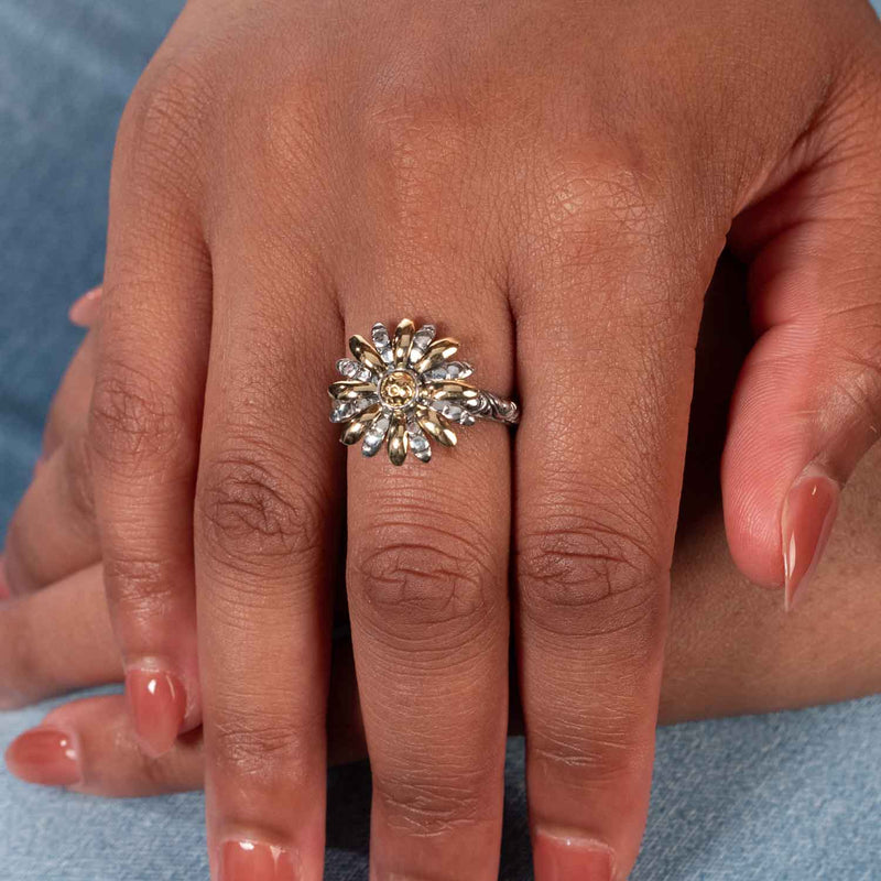 Sunflower Size 8 Ring, Sterling Silver and 18K Gold