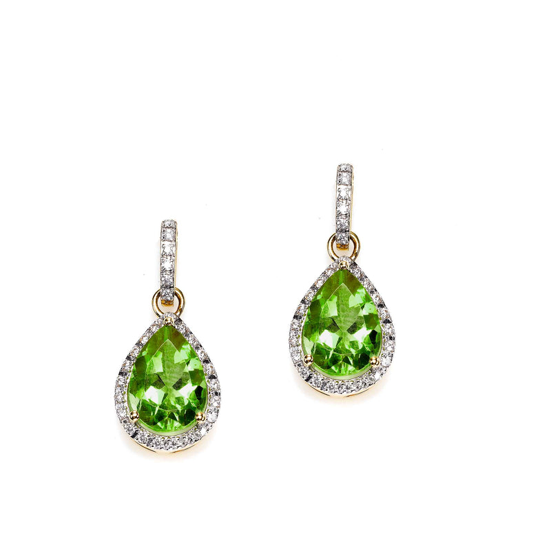 Pear Shape Peridot and Diamond Drop Earrings, 14K Yellow Gold