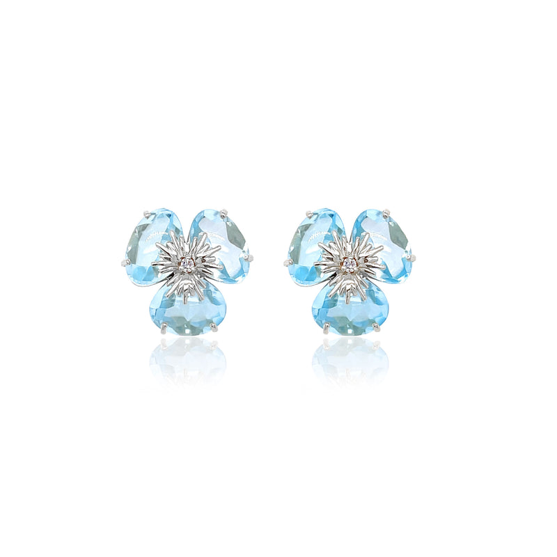 Blue Topaz Flower Pansy Earrings, 18K White Gold