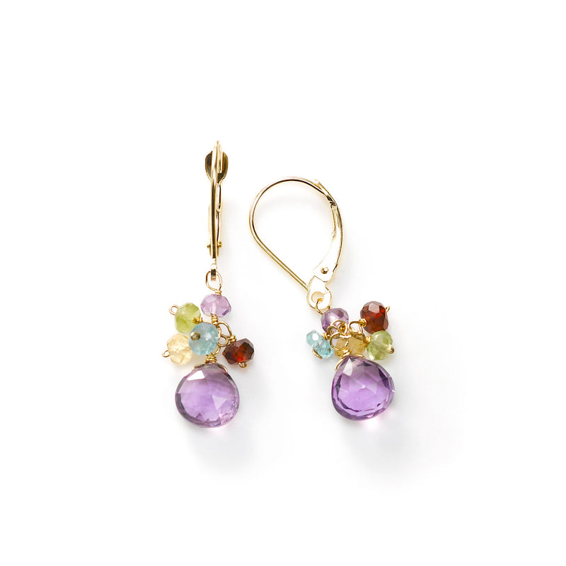 Amethyst and Multi Gemstone Dangle Earrings, 14K Yellow Gold