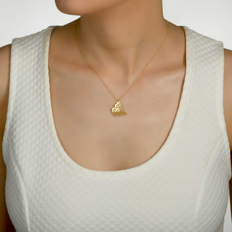 Butterfly Pendant with Diamonds, 14K Yellow Gold