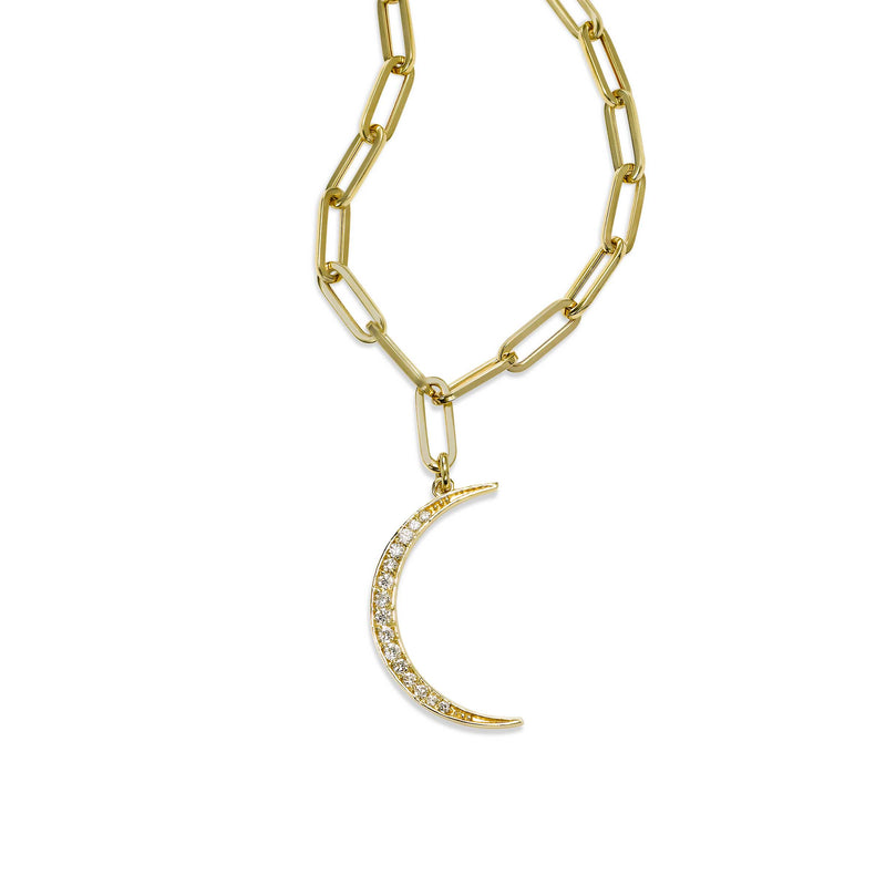 Crescent Moon Charm on Paperclip Necklace, 14K Yellow Gold