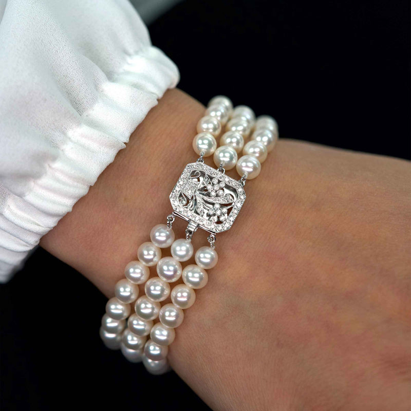 Triple Cultured Pearl And Diamond Bracelet, 14K White Gold