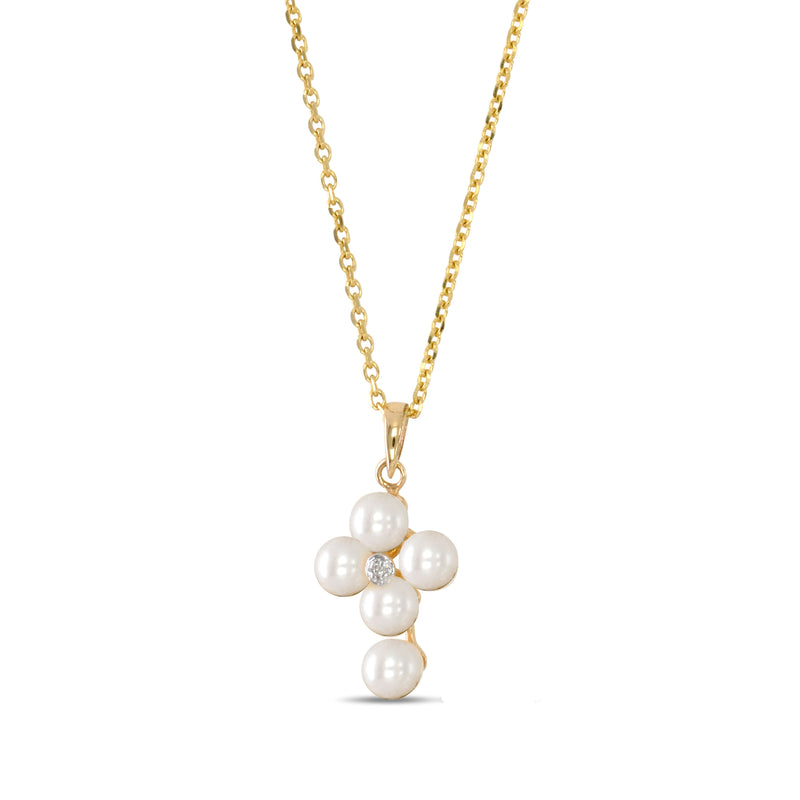 Child's Pearl Cross with Diamond Accent, 14K Yellow Gold