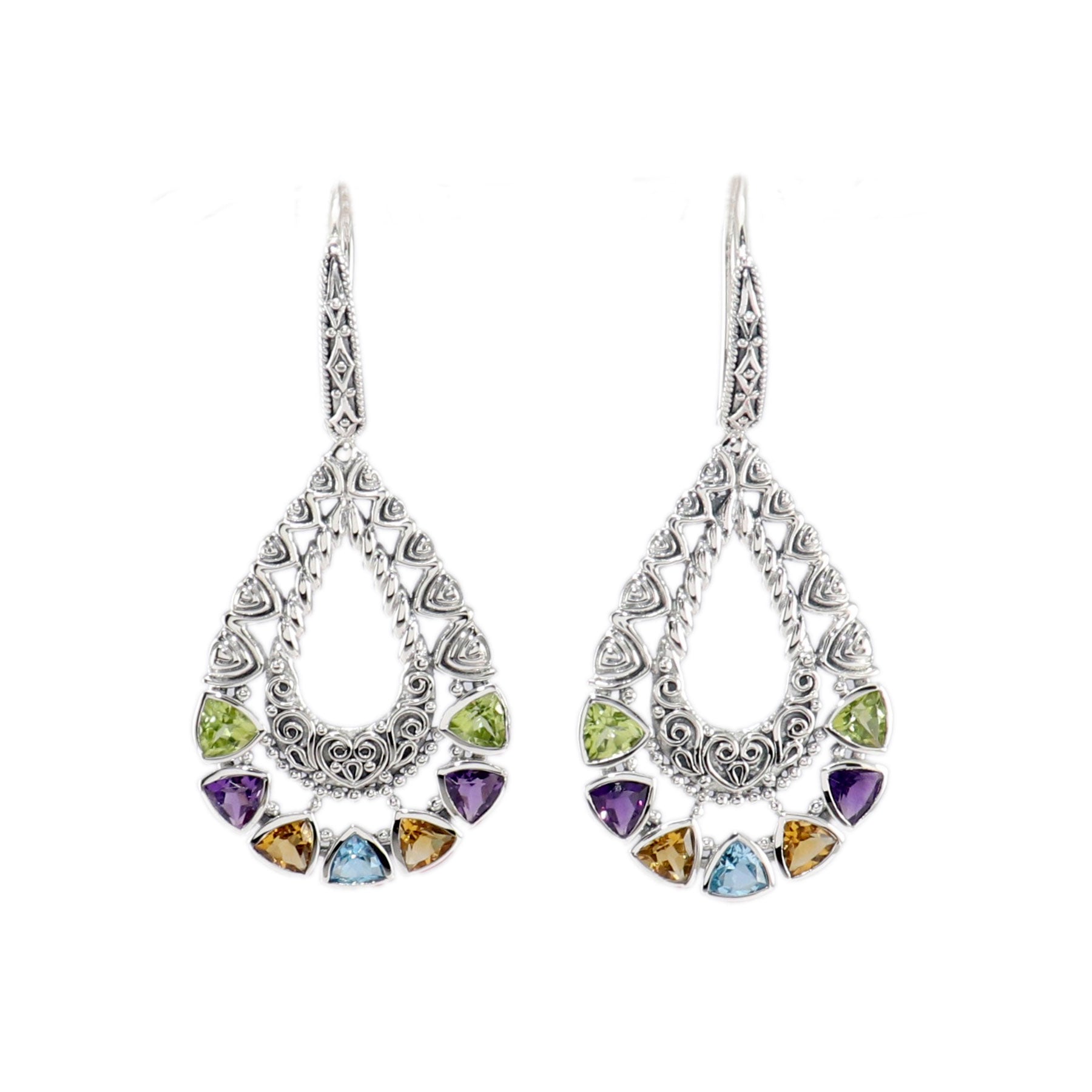 Multi Gemstone Pear Shape Danlge Earrings, Sterling Silver