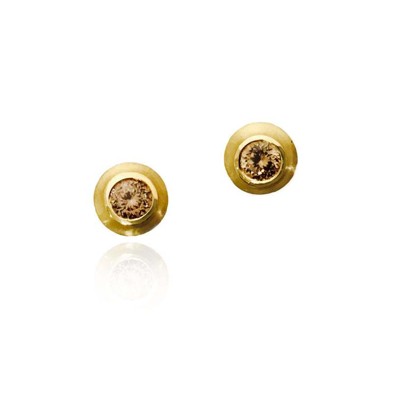 Bezel Set Golden Colored Zircon Stud Earrings, 22K Yellow Gold