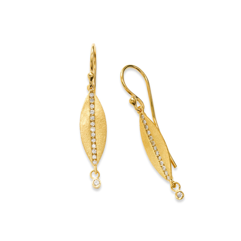 Leaf Design Diamond Dangle Earrings, 14K Yellow Gold