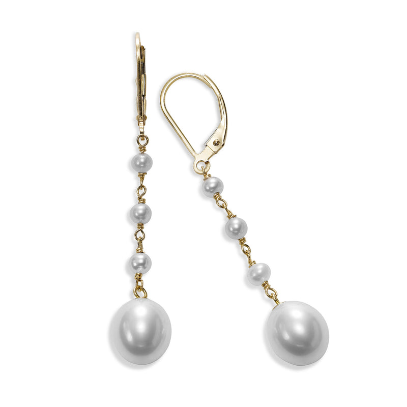 White Cultured Pearl Dangle Earrings, 14K Yellow Gold