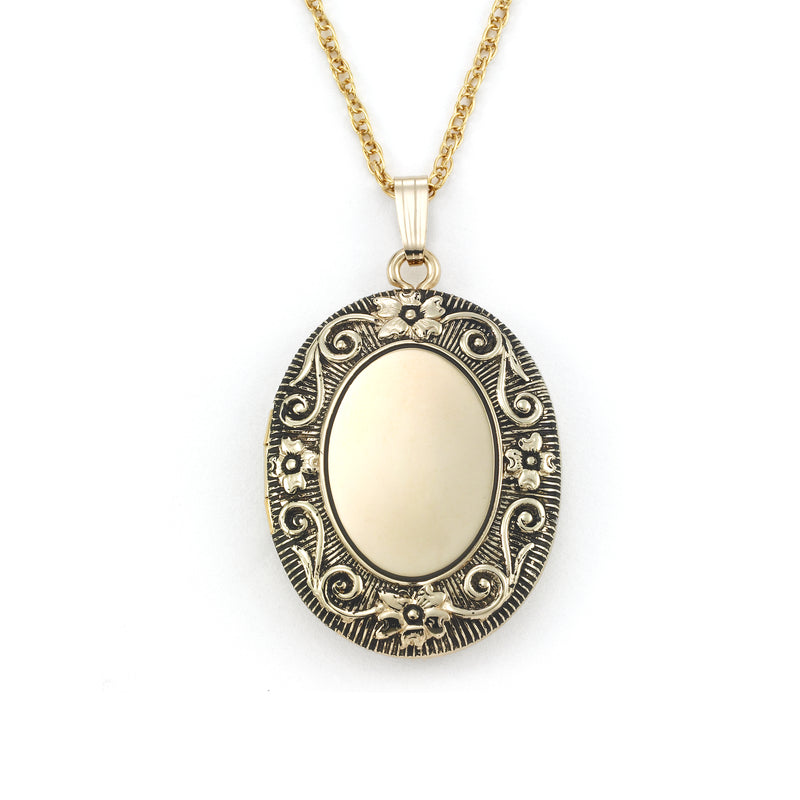 Large Floral Scrollwork Locket, Antiqued 14 Karat Gold Filled, 20 Inch Chain
