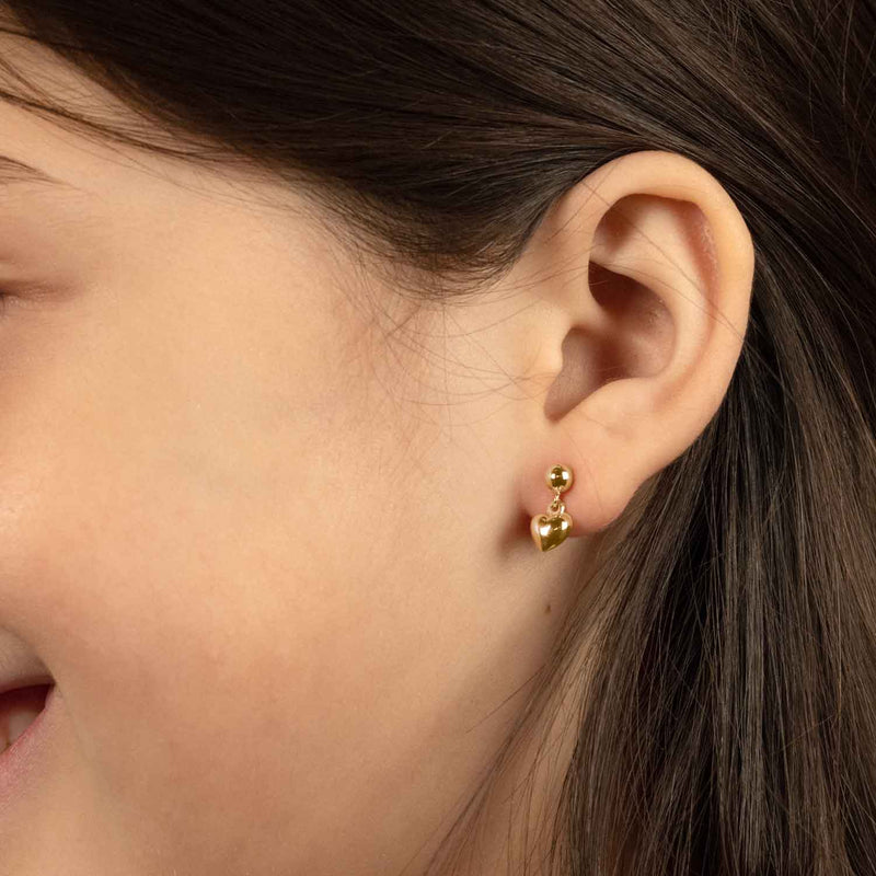 Child's Puffed Heart Drop Earrings, 14K Yellow Gold