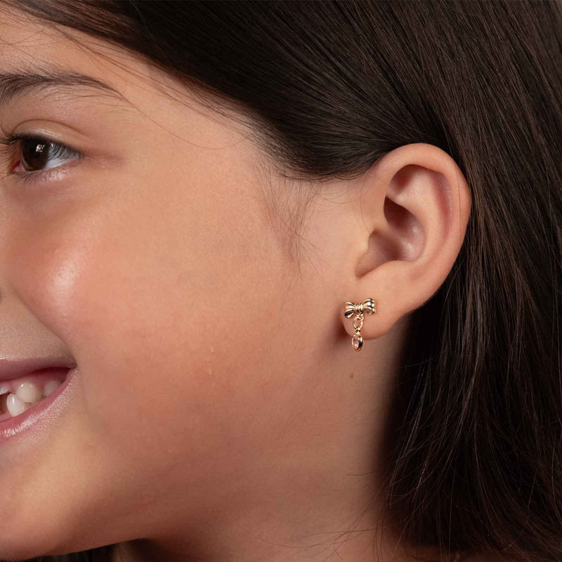 Bow with Heart Drop Earrings, 14K Yellow Gold
