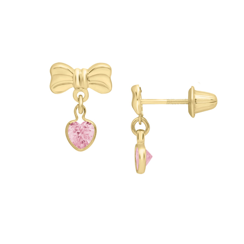 Bow with Heart Drop Earrings, 14K Yellow Gold