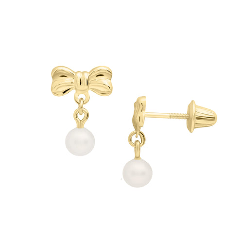 Bow with Pearl Drop Earrings, 14K Yellow Gold