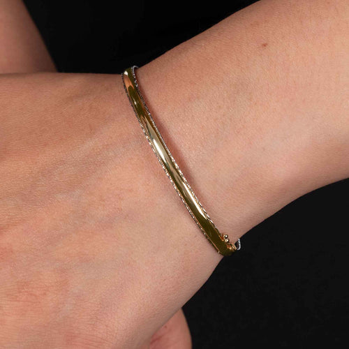 Yellow With White Edges Bangle Bracelet, 14K Yellow Gold