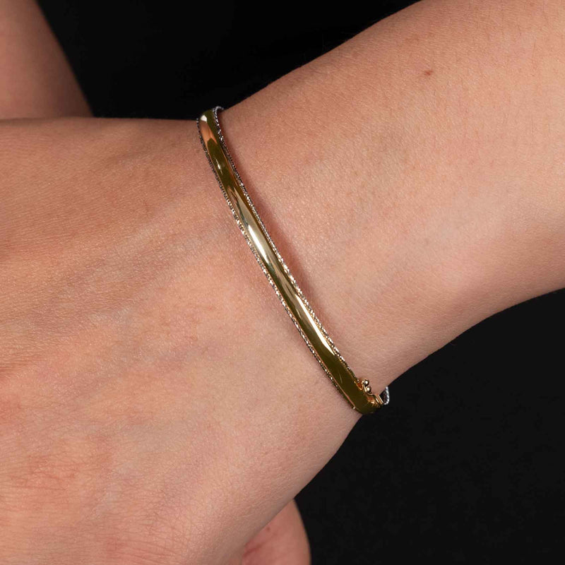Yellow With White Edges Bangle Bracelet, 14K Yellow Gold