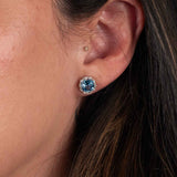 Round Faceted Blue Topaz and Diamond Earrings, 14K White Gold