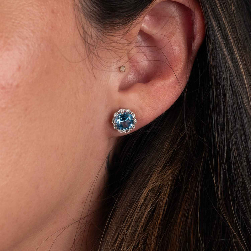 Round Faceted Blue Topaz and Diamond Earrings, 14K White Gold