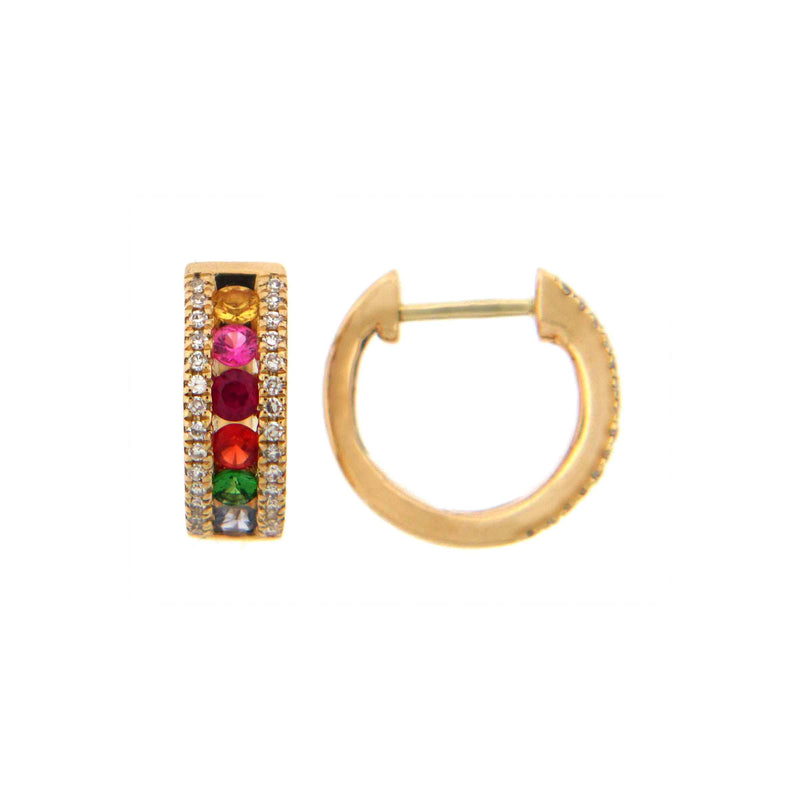Rainbow Gemstone and Diamond Hoops, .50 Inch, 14K Yellow Gold